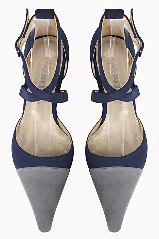 Dove grey and navy blue women's open side shoes, with crossed straps. Pointed toe. Low flare heels. Top view - Florence KOOIJMAN